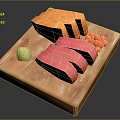 Fresh Salmon and Tuna Sashimi Platter on Wooden Board with Wasabi and Pickled Ginger
