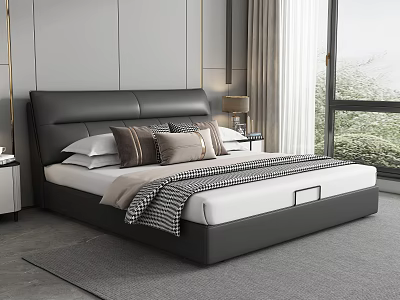 Modern Double Bed With Dark Leather Headboard White Mattress Pillows Plaid Blanket And Green Plants 3d model