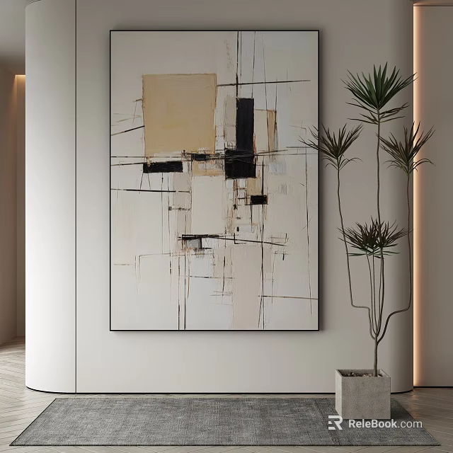 Abstract Geometric Painting With Beige Black White Tones And Green Plant In Gray Pot 3d model 