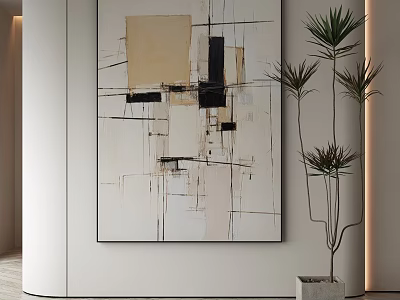 Abstract Geometric Painting With Beige Black White Tones And Green Plant In Gray Pot 3d model