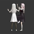Anime Game Characters Pink Silver White Hair Dark White Dresses Interactive Hand Gestures