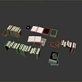 Various Colored Electronic E Readers in Different Sizes Open and Stacked on Gray Background