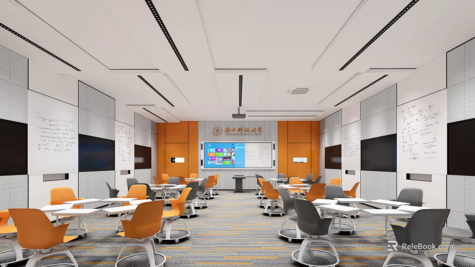 Modern School Classroom With Orange Gray Chairs Whiteboard Black Screens And Neatly Arranged Desks 3d model 