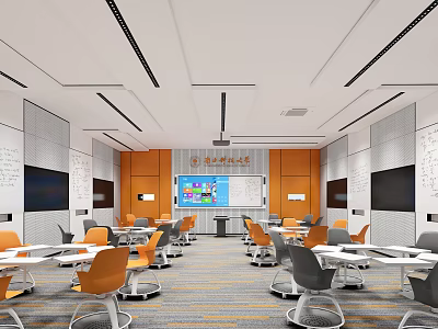 Modern School Classroom With Orange Gray Chairs Whiteboard Black Screens And Neatly Arranged Desks 3d model