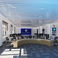 Modern Security Control Room With Curved Console Desk Multiple Monitors And Office Chairs 3d model