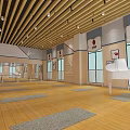 Modern Fitness Studio With Wooden Floor Yoga Mats Mirrors Barres Windows And Wall Icons