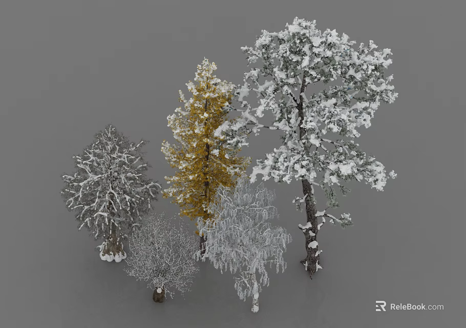Various Sizes of Trees with Yellow and Snow Covered Foliage on Gray Background 3d model 