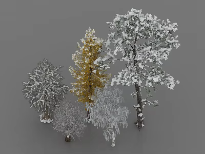 Various Sizes of Trees with Yellow and Snow Covered Foliage on Gray Background 3d model