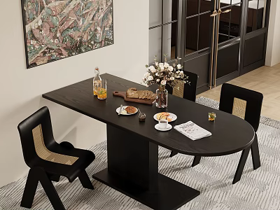 Black Oval Dining Table Set With Woven Chairs Flower Vase Food Items And Wall Art 3d model