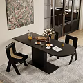 Black Oval Dining Table Set With Woven Chairs Flower Vase Food Items And Wall Art