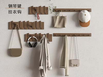 Piano Key Design Wooden Wall Mounted Coat Hooks With Hats Bags Scarves And Keys 3d model
