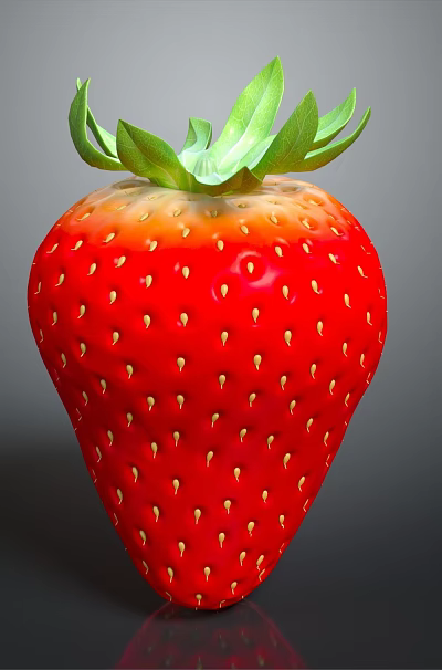 Fresh Red Strawberry With Green Leaves And Seeded Surface On Dark Background 3d model