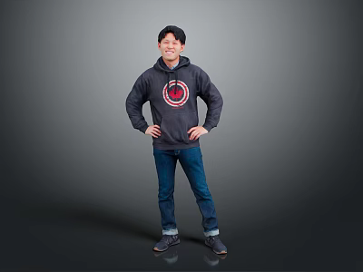 Man In Dark Hoodie With Red Circle Logo Hands On Hips Blue Jeans Gray Background 3d model