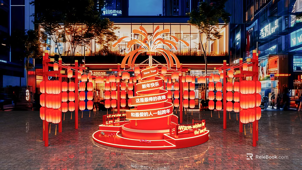 Red Festive Art Installation With Hanging Lanterns And Night Building Background 3d model 