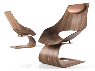 Sleek Modern Single Chair with Curved Walnut Wooden Frame and Leather Seat Cushion 3d model