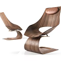 Sleek Modern Single Chair with Curved Walnut Wooden Frame and Leather Seat Cushion