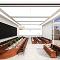 Modern Conference Room Interior With Large Black Screen Curved Table Green Plants And Recessed Lighting