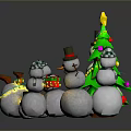 Festive Christmas Scene With Green Tree Star Balls And Snowmen In Hats Scarves With Lights