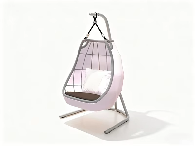 Pink Hanging Chair With Metal Frame Grid Design And White Cushion 3d model