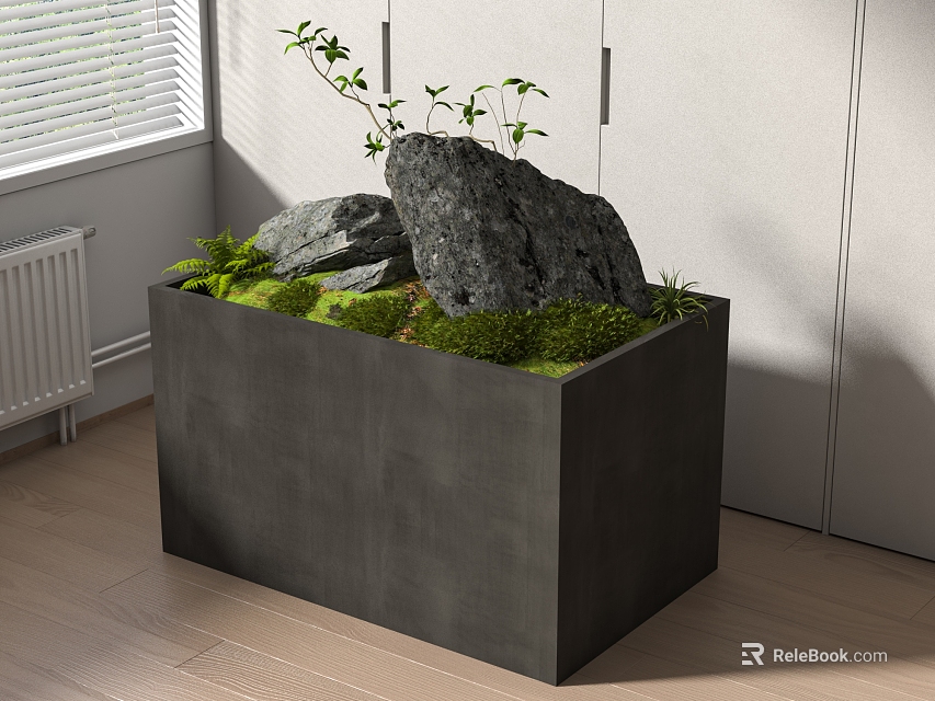 Indoor Decorative Landscape With Gray Concrete Planter Rocks Moss And Small Plants 3d model 