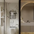 Modern Bathroom With Marble Wall Round Mirror Vanity And Cabinets
