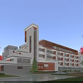 Modern Multi Story Office Building With Glass Windows White Brown Facade Palm Trees And Pool