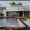 Modern Detached Villa with Swimming Pool Glass Windows and Wooden Terrace in Green Lawn