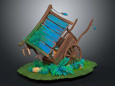 Vintage Wooden Cart Furniture with Blue Plank Roof Green Plants Ferns and Small Decorations 3d model