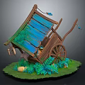 Vintage Wooden Cart Furniture with Blue Plank Roof Green Plants Ferns and Small Decorations