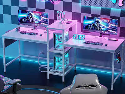 Gaming Desks With Dual Monitors RGB Lighting PC Case Stand And Checkered Wall 3d model