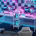 Gaming Desks With Dual Monitors RGB Lighting PC Case Stand And Checkered Wall