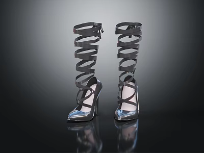 Fashionable Black High Heel Shoes Featuring Spiral Straps And Glossy Toe Cap 3d model
