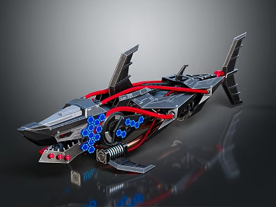 Cosmic Spaceship Prototype Featuring Mechanical Structure Blue Lights Red Cables and Exploration Elements 3d model