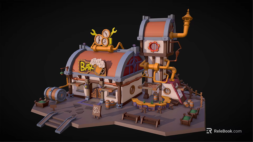 Cartoon Bar Scene With Orange Roof And Clock Decorations Wooden Barrels Benches And Stairs 3d model 
