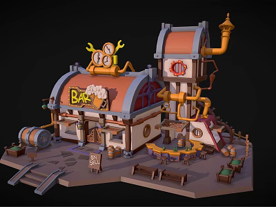 Cartoon Bar Scene With Orange Roof And Clock Decorations Wooden Barrels Benches And Stairs 3d model