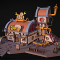 Cartoon Bar Scene With Orange Roof And Clock Decorations Wooden Barrels Benches And Stairs