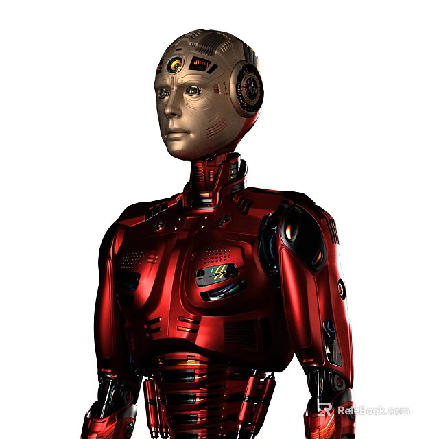 Futuristic Red Robot Game Movie Character With Golden Head And Metallic Body 3d model 
