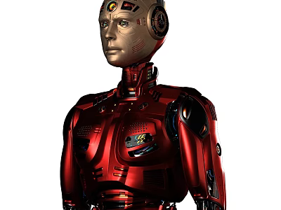 Futuristic Red Robot Game Movie Character With Golden Head And Metallic Body 3d model