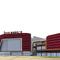 Modern Commercial Complex Featuring Red And White Facade Circular Roof Structures And Landscaped Surroundings