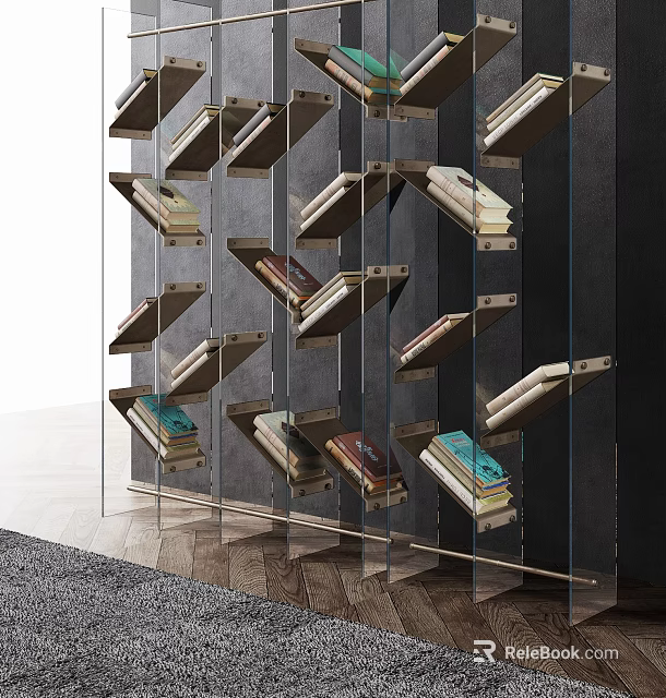 Modern Bookcase Design With Tilted Shelves And Colorful Books On Metal Frames 3d model 