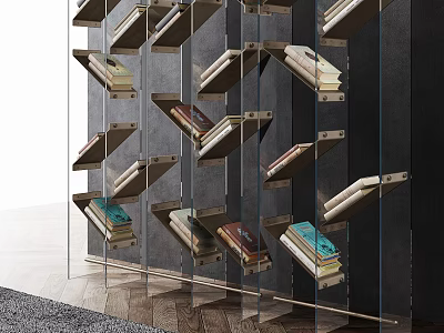 Modern Bookcase Design With Tilted Shelves And Colorful Books On Metal Frames 3d model