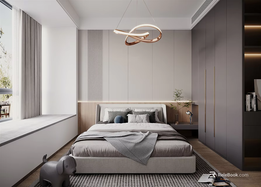 Modern Bedroom Interior Design With Bed Gray Blanket Pillows Circular Pendant Light Wardrobe And Curtains 3d model 