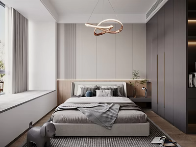 Modern Bedroom Interior Design With Bed Gray Blanket Pillows Circular Pendant Light Wardrobe And Curtains 3d model