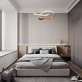 Modern Bedroom Interior Design With Bed Gray Blanket Pillows Circular Pendant Light Wardrobe And Curtains