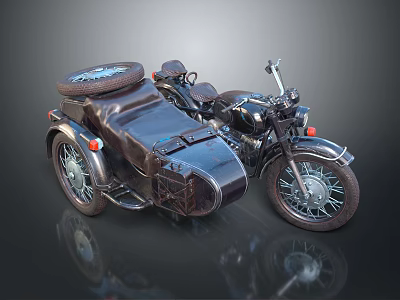 Vintage Motorcycle with Sidecar Spare Tire and Classic Retro Design 3d model