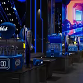 Stylish Modern Bar Interior With Blue Lighting 1664 Logo Stage Tables And Ceiling Design