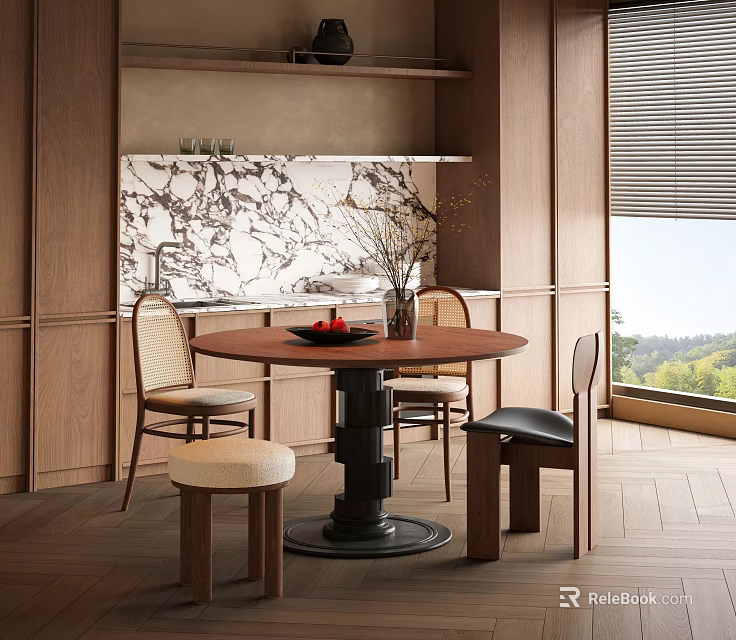 Modern Round Dining Table Set With Wooden Chairs Marble Backsplash And Decorative Vase 3d model 