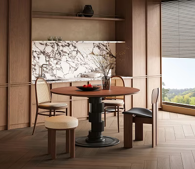 Modern Round Dining Table Set With Wooden Chairs Marble Backsplash And Decorative Vase 3d model