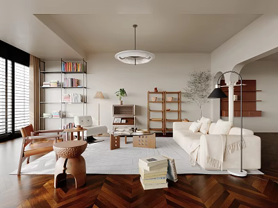 Modern Living Room Interior Design With Herringbone Wooden Floor White Sofa Bookshelves And Floor Lamp 3d model