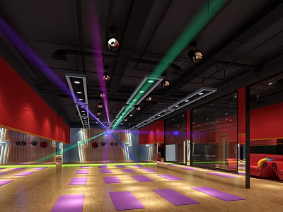 Spacious Fitness Studio With Purple Yoga Mats Modern Lighting And Wall Mirrors 3d model